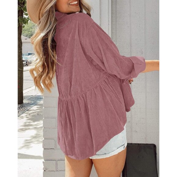 Women’s Corduroy Peplum Shacket Jacket Long Sleeve Button Down Casual Blouse - Picture 5 of 5